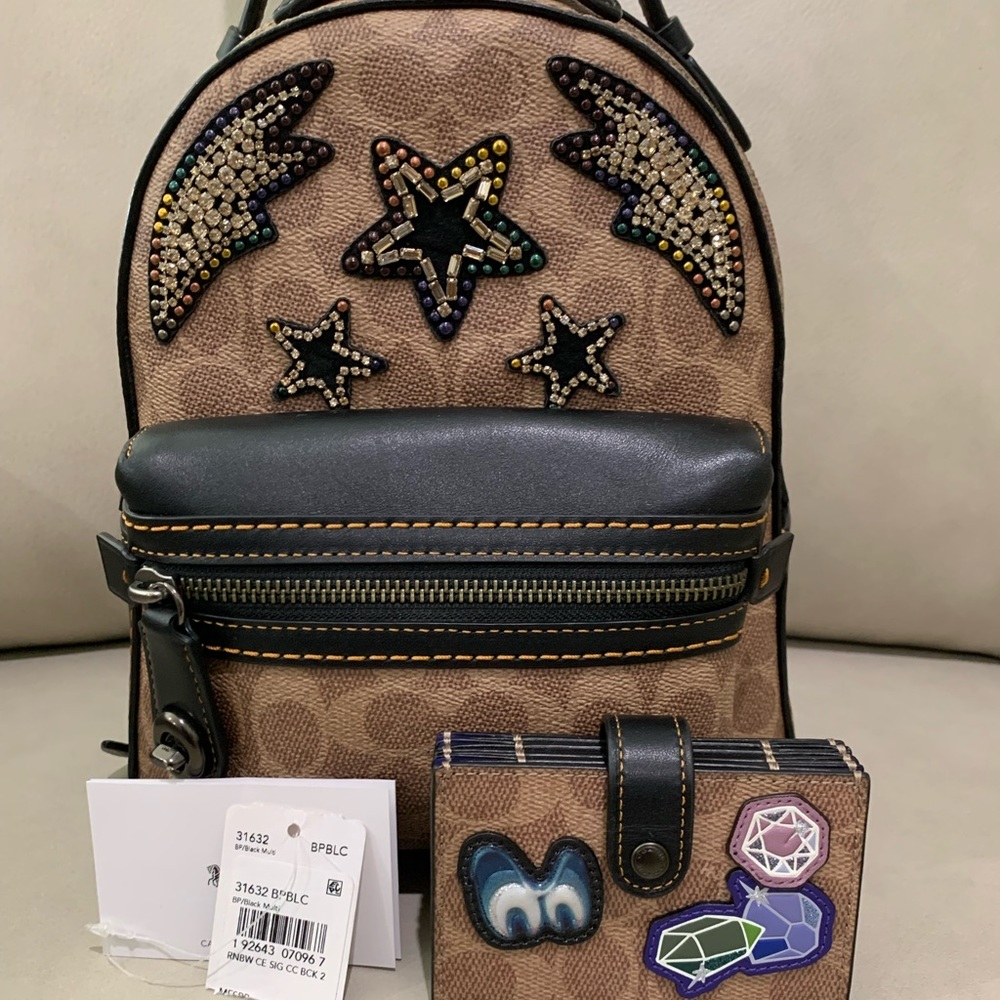 Coach Sig. Stud & Crystal Coated Canvas Backpack 23/ Coach Accordion Cardholder
